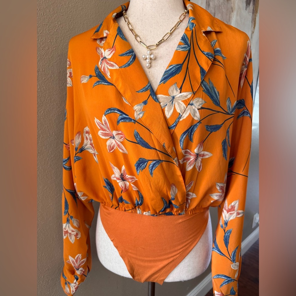 Floral Orange Wrap Long Sleeve Boho Bodysuit - Picture 5 of 9